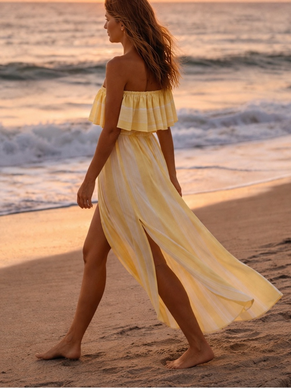 O'Neill Yellow and White Striped Off-Shoulder Dress